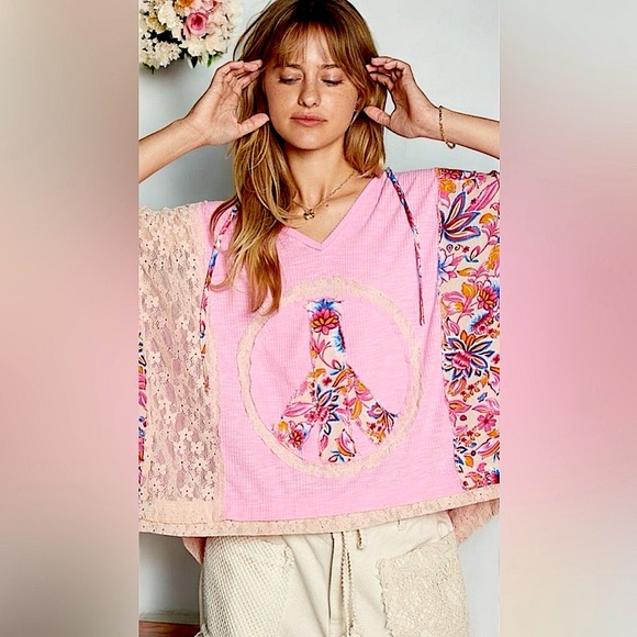 POL Blush Pink Peace Sign Hoodie | Oversized Lace Patchwork Bohemian Top - Picture 5 of 6